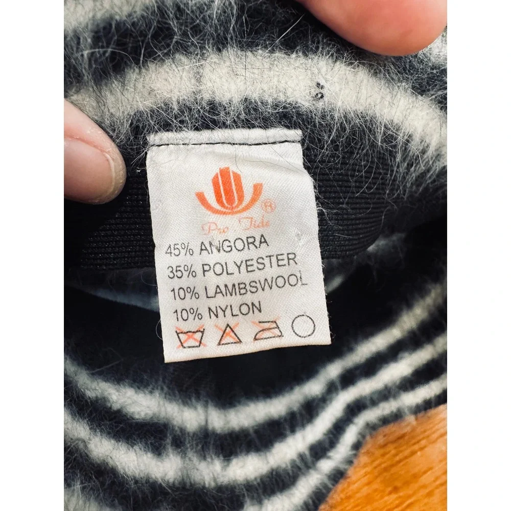 Vintage Pro Tide Angora Wool Blend Striped Bucket Hat Black White Fuzzy Retro